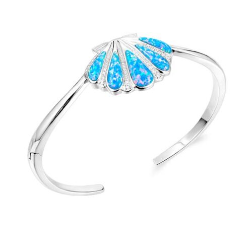 Elegant silver bracelet with blue opal shell design.