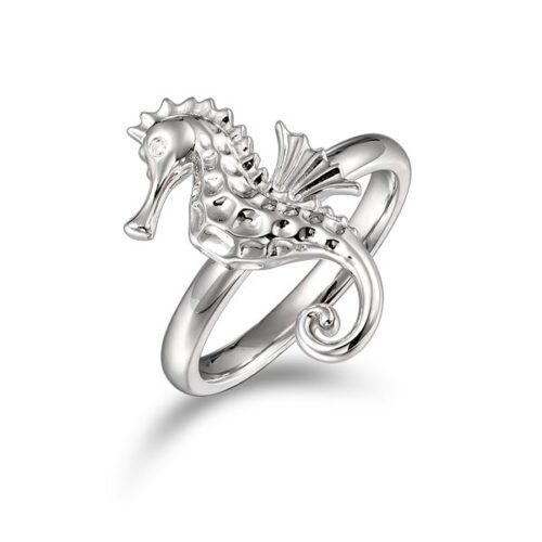 Elegant silver ring featuring a detailed seahorse design.