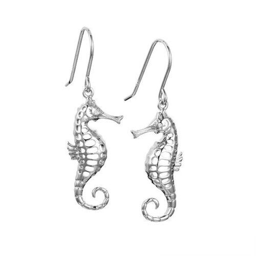 Elegant silver seahorse-shaped earrings with hooks.