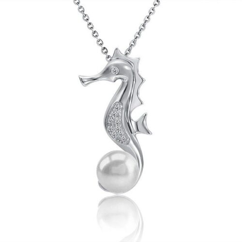 Elegant silver seahorse pendant with a pearl drop on a chain.