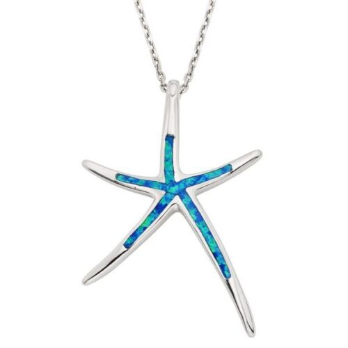 Silver starfish pendant with blue opal inlay on a chain.
