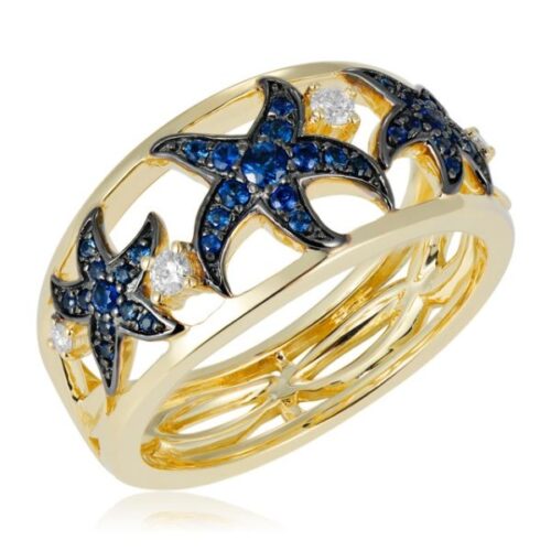 Gold ring with blue starfish designs.