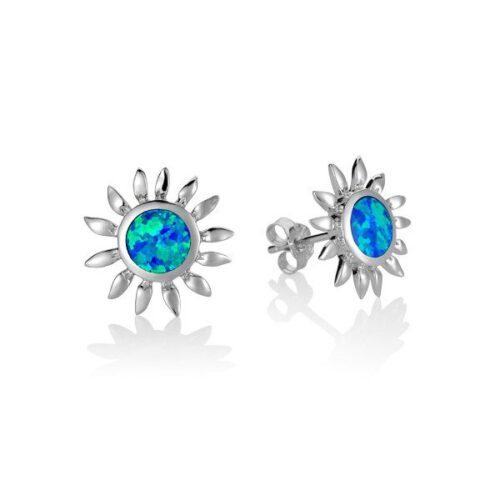 Elegant silver sun-shaped earrings with vibrant blue opal centers.