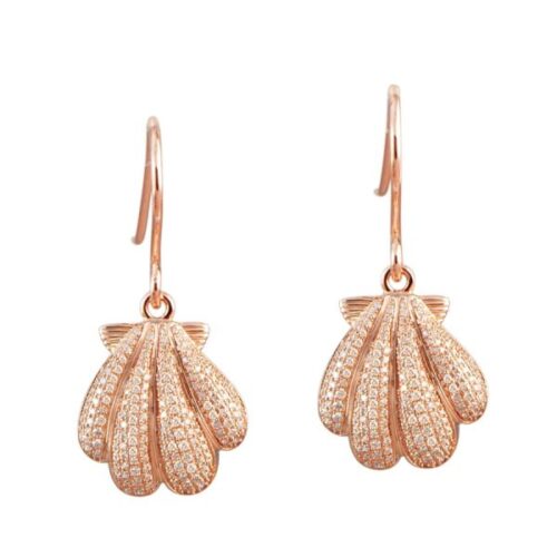 Elegant rose gold shell-shaped drop earrings with a textured finish.