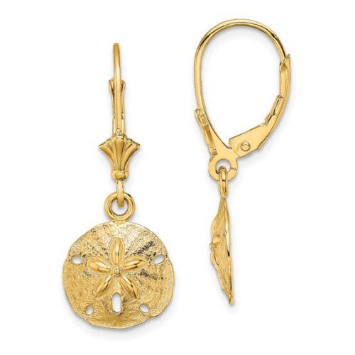 Elegant gold earrings with intricate sand dollar design.