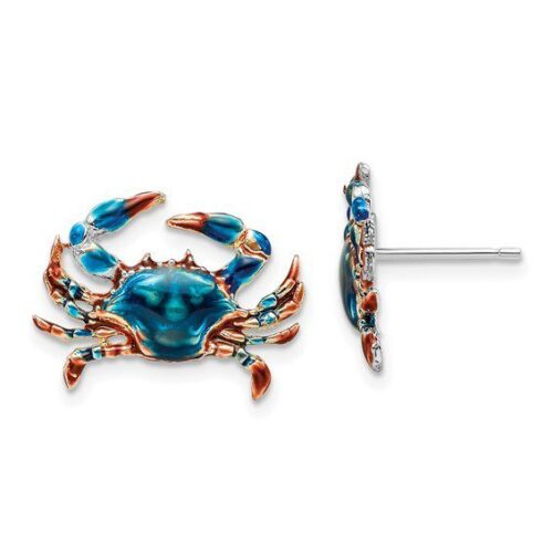 Crab-shaped stud earrings with blue and orange detailing.