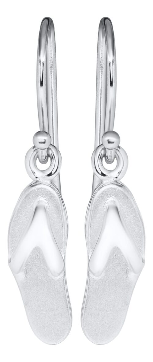 Close-up of silver flip-flop charm earrings with hook fastenings.