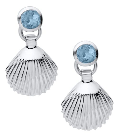 Elegant silver earrings with blue gemstones and shell-shaped design.