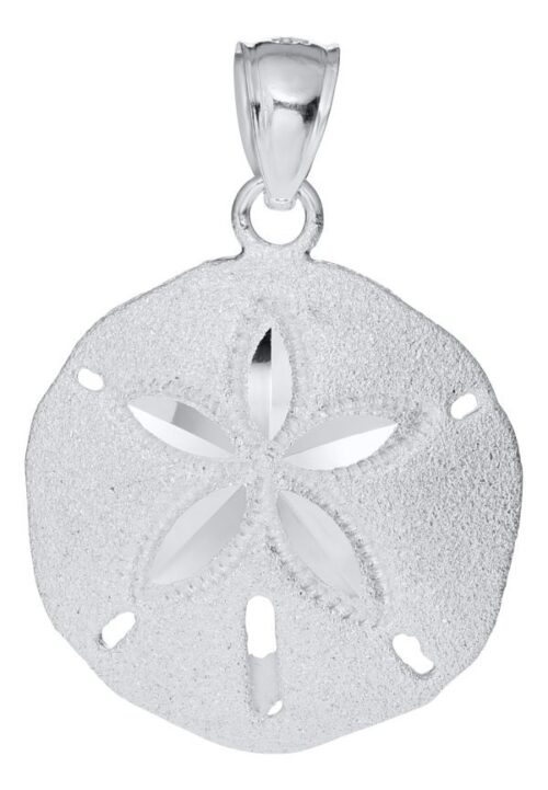 Close-up of a silver sand dollar pendant necklace.