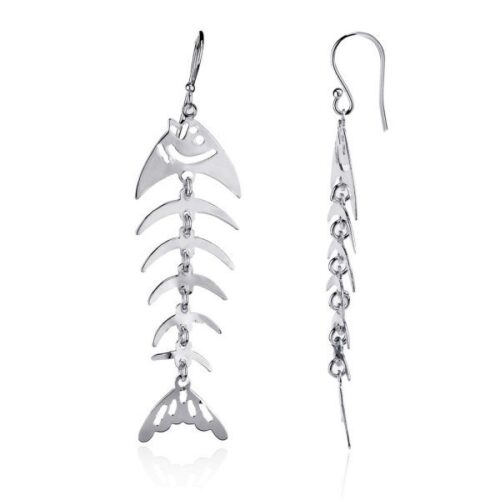 Silver fishbone-shaped earrings with intricate detailing.