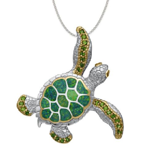 XL Sea Turtle Pendant Green opal inlay with Gemstones