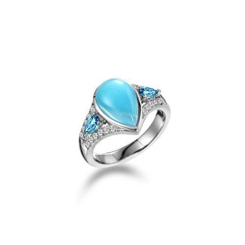 Elegant silver ring with a pear-shaped blue gemstone and smaller blue accents.