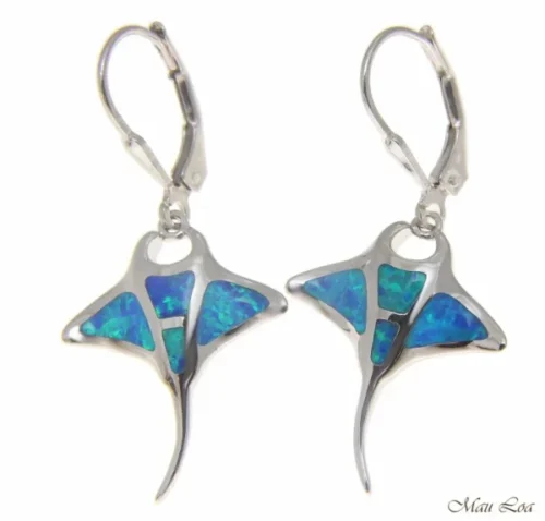 Elegant manta ray-shaped earrings with blue and turquoise inlays.