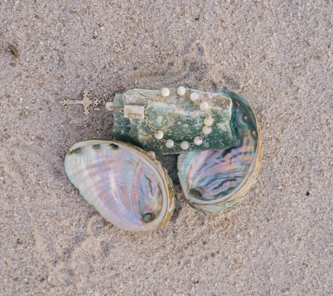 Two colorful seashells resting on sandy beach.