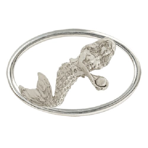 Silver brooch shaped like a mermaid inside an oval frame.