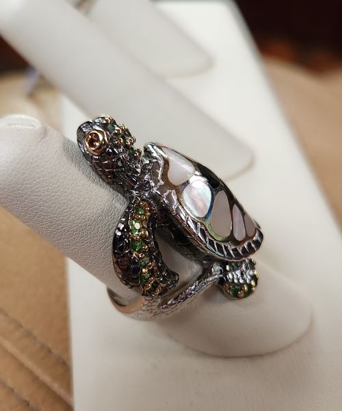 925 Sterling Silver Opal Inlay Ring – Hawaiian Honu Mother & Baby Turtle – Sizes 5-10