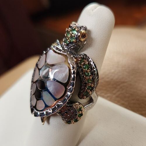 Swimming Sea Turtle Ring Mother Of Pearl inlay with Gemstones