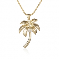 Gold palm tree pendant on chain necklace.