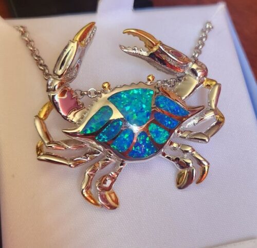 Large Blue Crab Pendant Opal inlay